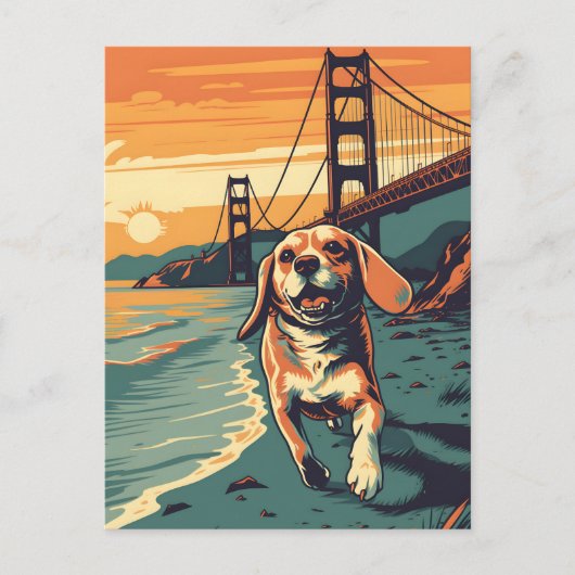 Beagle an der Golden Gate Bridge bei Sonnenunterga Postkarte (Vorderseite)