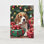 Beagle beim Einpacken von Weihnachtsgeschenken Mal Karte (Vorderseite)