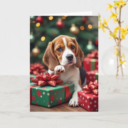 Beagle beim Einpacken von Weihnachtsgeschenken Mal Karte (Gelbe Blume)