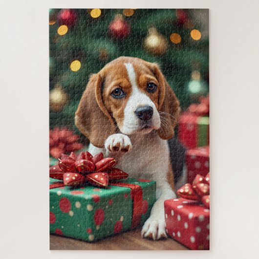 Beagle beim Einpacken von Weihnachtsgeschenken Mal Puzzle (Vertikal)