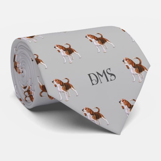 Beagle Bliss: Mit Monogramm Beagle Muster grau Krawatte (Gerollt)
