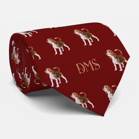 Beagle Bliss: Mit Monogramm Beagle Muster Rot Krawatte (Gerollt)
