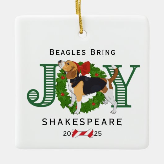Beagle bringen Joy Wreath Keramikornament (Vorderseite)