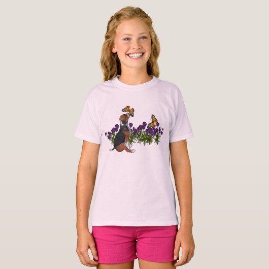 Beagle Butterflies Blume Niedlicher Hund T-Shirt (Vorne ganz)