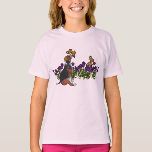 Beagle Butterflies Blume Niedlicher Hund T-Shirt (Vorderseite)