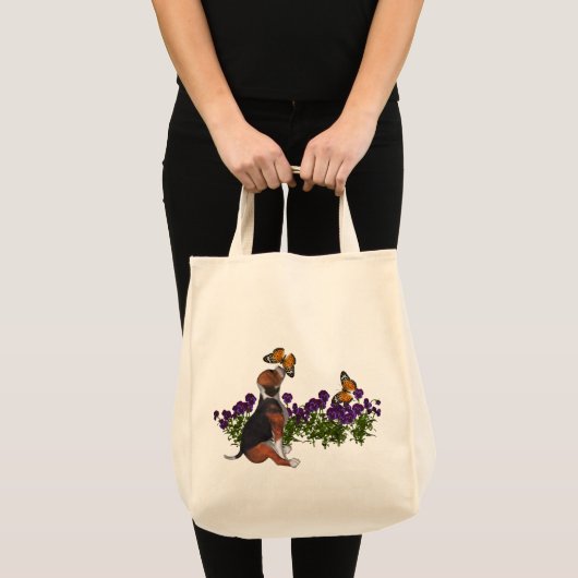 Beagle Butterflies Pansies Tote Bag Tragetasche (Vorderseite (Produkt))