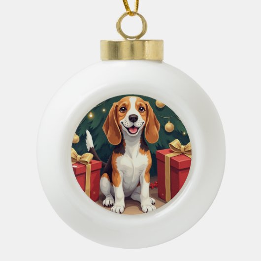 Beagle Christmas Morning Gift-Unboxing Painting Keramik Kugel-Ornament (Vorderseite)