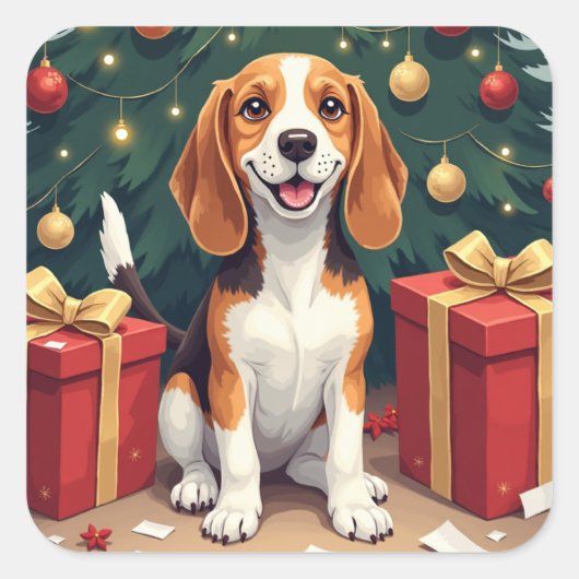 Beagle Christmas Morning Gift-Unboxing Painting Quadratischer Aufkleber (Vorderseite)