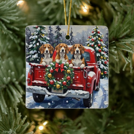 Beagle Christmas Red Truck Holiday Keramikornament (Baum)