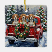 Beagle Christmas Red Truck Holiday Keramikornament (Vorderseite)