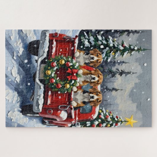 Beagle Christmas Red Truck Holiday Puzzle (Horizontal)