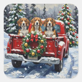 Beagle Christmas Red Truck Holiday Quadratischer Aufkleber (Vorderseite)