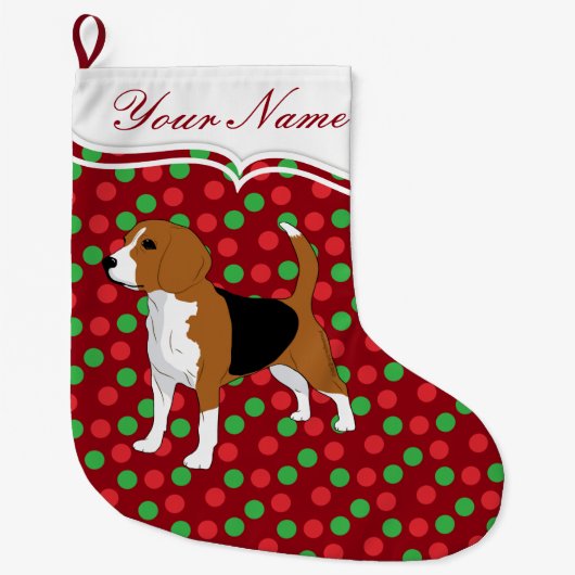 Beagle Dog Christmas Red Dots Personalisiert Großer Weihnachtsstrumpf (Vorderseite)