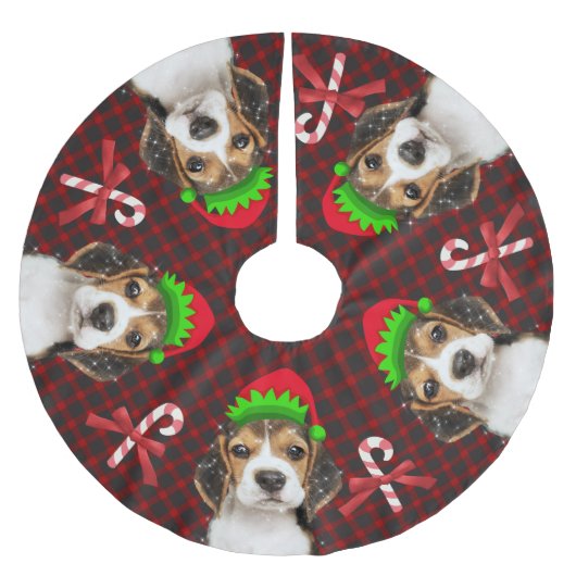 Beagle Dog Elves Candy Canes Buffalo Kariert Polyester Weihnachtsbaumdecke (Vorderseite)