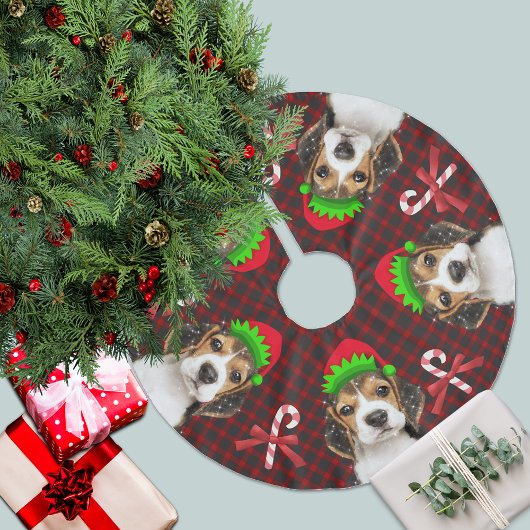 Beagle Dog Elves Candy Canes Buffalo Kariert Polyester Weihnachtsbaumdecke