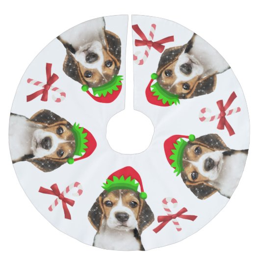 Beagle Dog Elves Candy Canes | weiß Polyester Weihnachtsbaumdecke (Vorderseite)