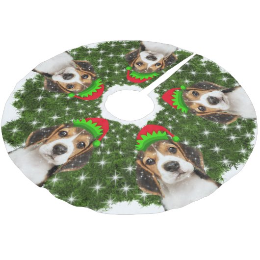 Beagle Dog Elves Weihnachtsfeier Polyester Weihnachtsbaumdecke (Schrägansicht)