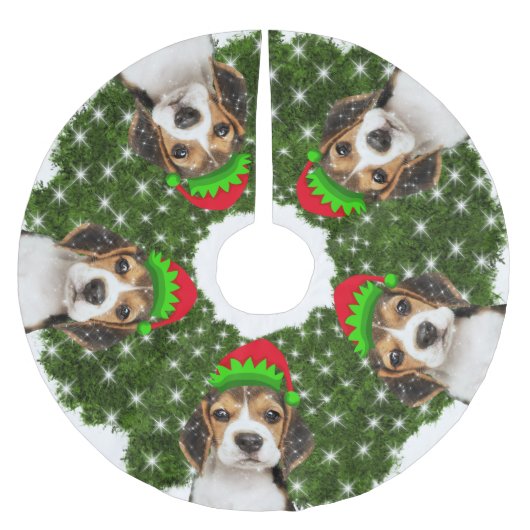 Beagle Dog Elves Weihnachtsfeier Polyester Weihnachtsbaumdecke (Vorderseite)