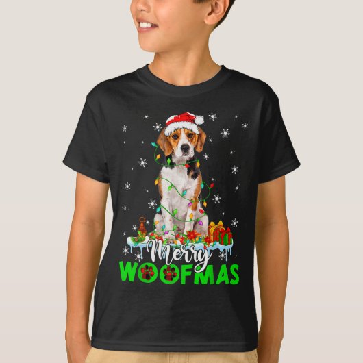 Beagle Dog Merry Woofmas Funny Xmas Lights Santa H T-Shirt (Vorderseite)
