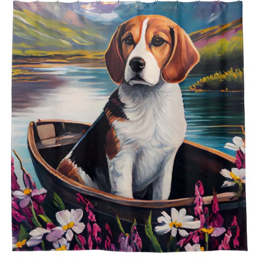 Beagle Dog on a Paddle: Ein Landschaftliches Abent Duschvorhang (Vorderseite)