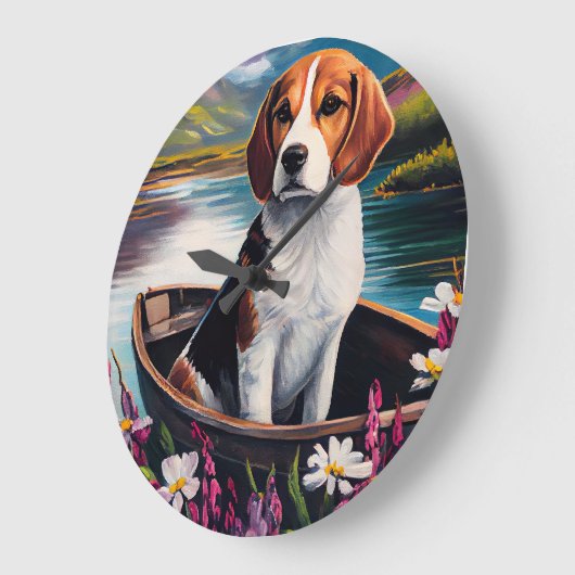 Beagle Dog on a Paddle: Ein Landschaftliches Abent Große Wanduhr (Winkel)