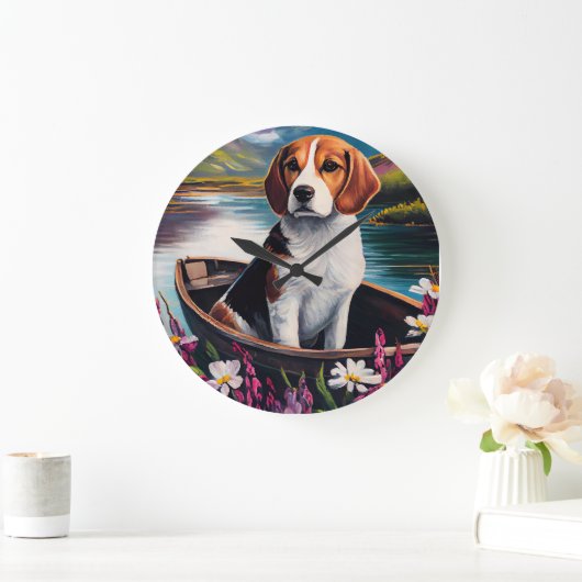Beagle Dog on a Paddle: Ein Landschaftliches Abent Große Wanduhr (Zuhause)