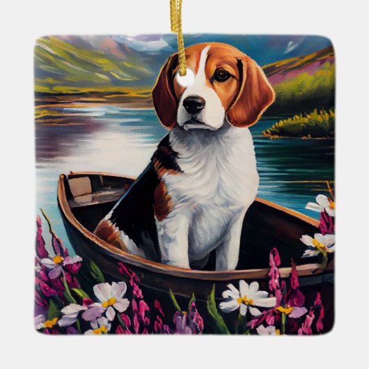 Beagle Dog on a Paddle: Ein Landschaftliches Abent Keramikornament (Vorderseite)