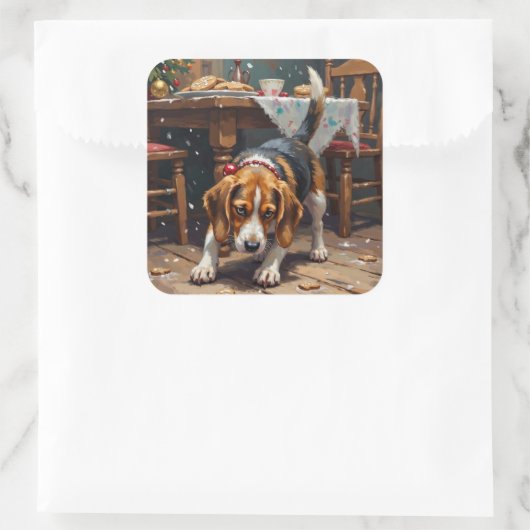 Beagle Dog Tracking Gingerbread Christmas Fun Art Quadratischer Aufkleber (Tasche)