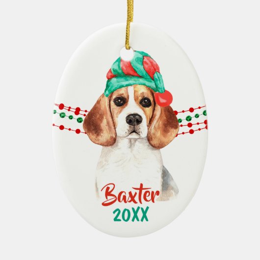Beagle Dog Weihnachtsmannmütze Holiday String Bead Keramik Ornament (Vorne)