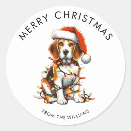 Beagle Dog Wrapped In Christmas Light Runder Aufkleber