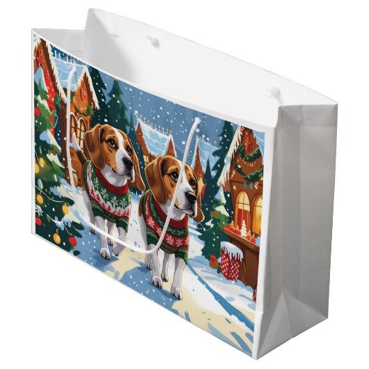 Beagle Dogs Christmas Snow Holiday Große Geschenktüte (Vorderseite Schrägansicht)