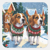 Beagle Dogs Christmas Snow Holiday Quadratischer Aufkleber (Vorderseite)