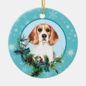 Beagle Evergreen Blue Snowflake Border Keramik Ornament (Vorne)