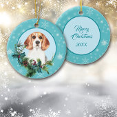 Beagle Evergreen Blue Snowflake Border Keramik Ornament
