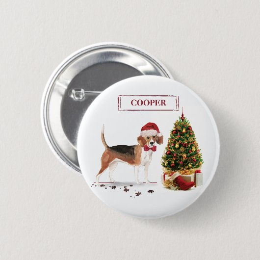 Beagle Funny Christmas Dog mit Baum Button (Vorne & Hinten)
