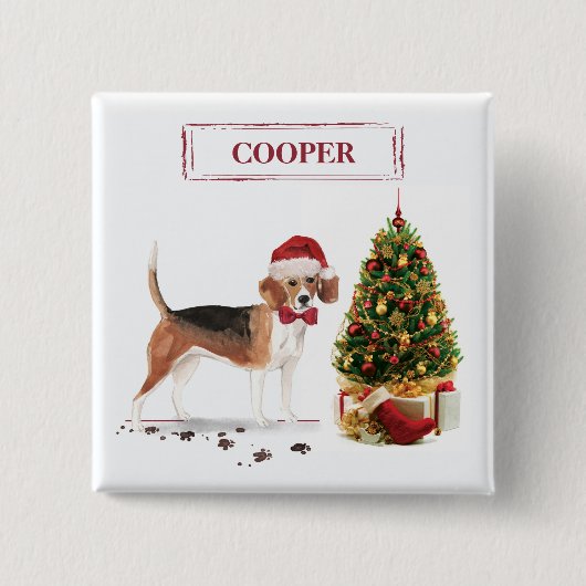 Beagle Funny Christmas Dog mit Baum Button (Vorderseite)
