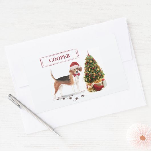 Beagle Funny Christmas Dog mit Baum Rechteckiger Aufkleber (Umschlag)
