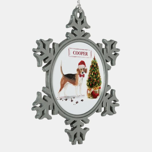 Beagle Funny Christmas Dog mit Baum Schneeflocken Zinn-Ornament (Links)