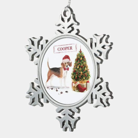 Beagle Funny Christmas Dog mit Baum Schneeflocken Zinn-Ornament (Rechts)