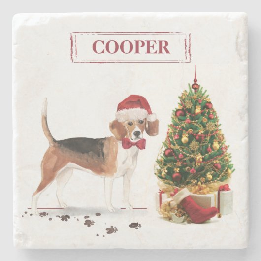 Beagle Funny Christmas Dog mit Baum Steinuntersetzer (Vorderseite)