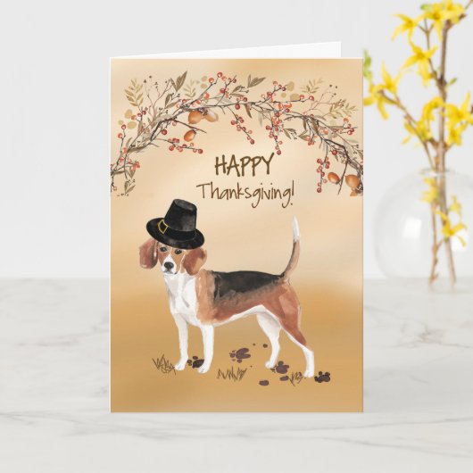 Beagle Funny Pilgrim Hat Erntedank Karte (Gelbe Blume)