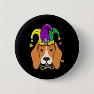 Beagle-Gesicht tragen Mardi Gras Beads Jester Hat  Button