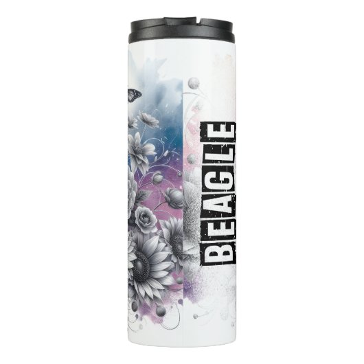 Beagle Graustufen-Blumenarm Thermosbecher (Rückseite)