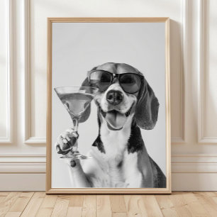 Beagle hält Cocktail Wandkunst, Schwarz und Weiß Poster