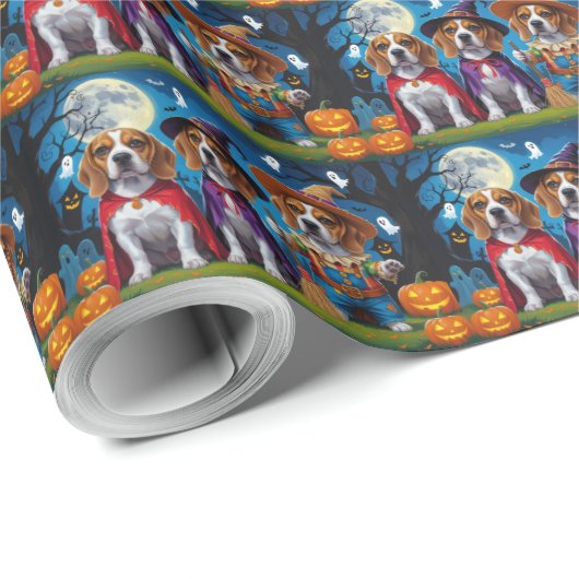 Beagle Hogs Pumpkin Halloween Funny Geschenkpapier (Rolleneckpunkt)