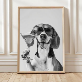 Beagle Holding A Cocktail Wall Art, Black and Whit Poster