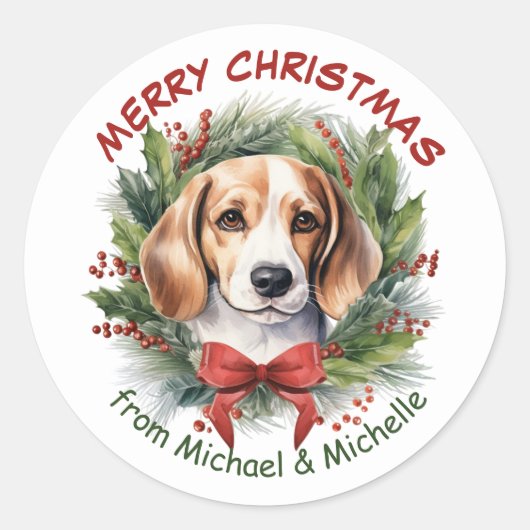 Beagle Hound Christmas Red Bow Wreath Runder Aufkleber (Vorderseite)