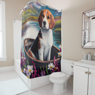 Beagle-Hund auf einem Paddel: Ein landschaftliches Duschvorhang