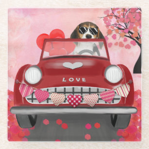 Beagle Hund Auto mit Herzvalentiner Glasuntersetzer