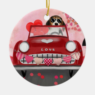 Beagle Hund Auto mit Herzvalentiner Keramik Ornament
